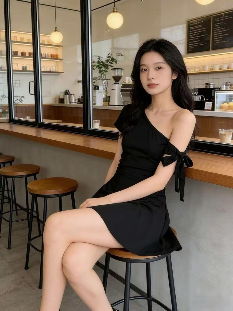 Small black skirt short-sleeved women's dress summer foreign style super fairy bow strap diagonal collar off-the-shoulder short skirt slim fit