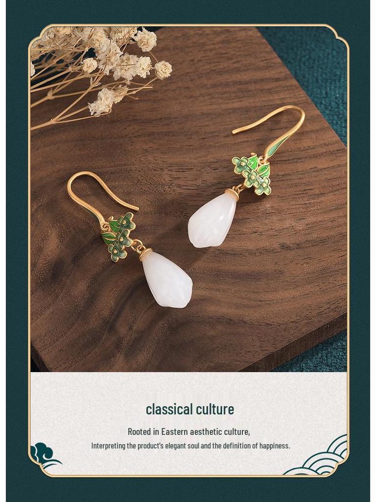Chinese Magnolia Retro Jade-Style Enamel Earrings - Ideal Mother's Gift