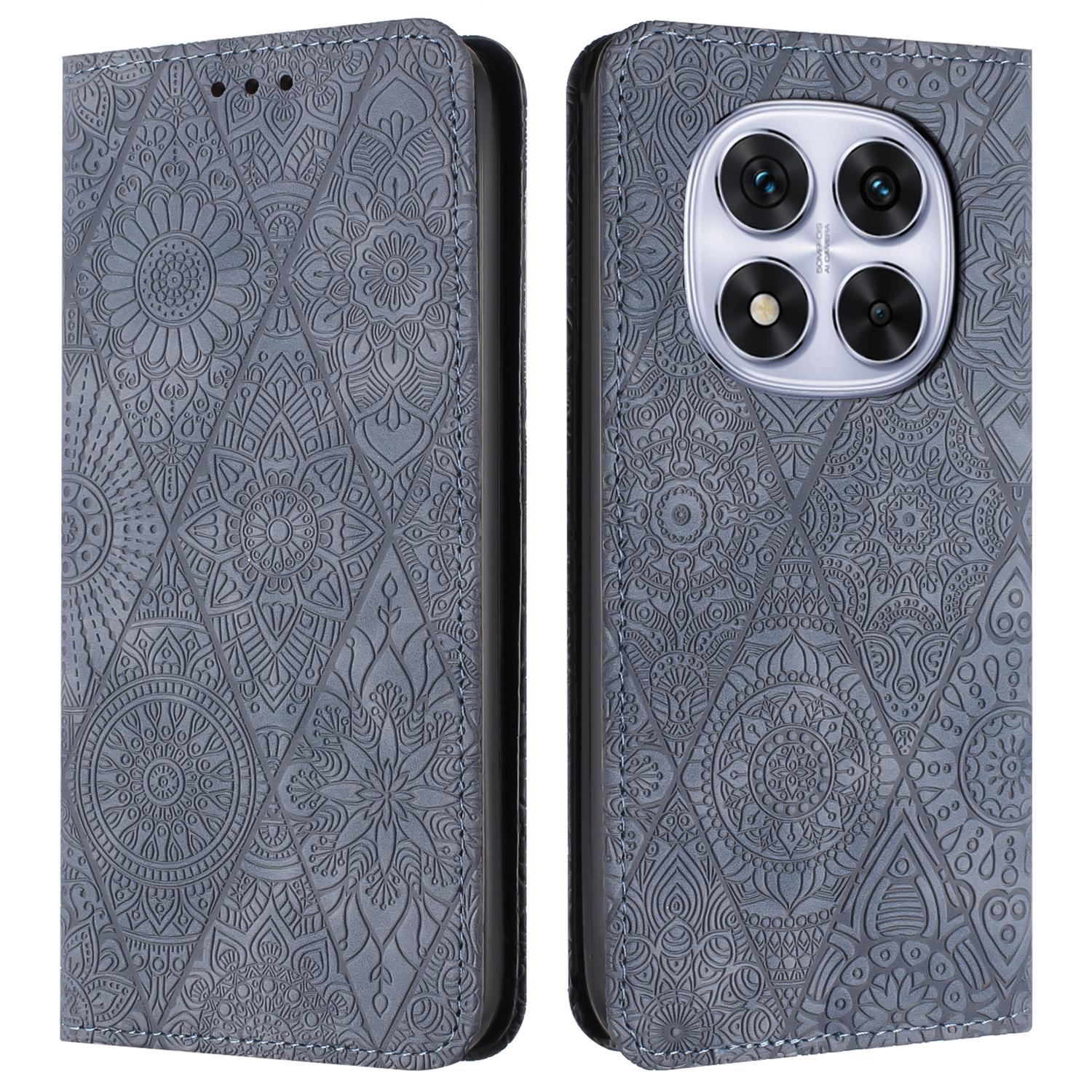 

For Xiaomi Redmi Note 14 Pro+ 5G/Note 14 Pro 5G/Note 14 Pro 4G/Poco X7 5G Case Imprinted Flower Wallet Stand Leather Phone Cover Grey
