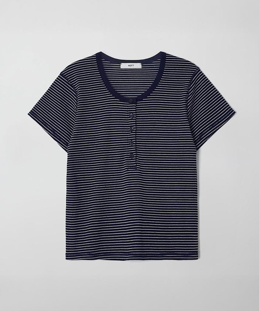 MOTT Henley Neck Half T-Shirt - Stripe Navy