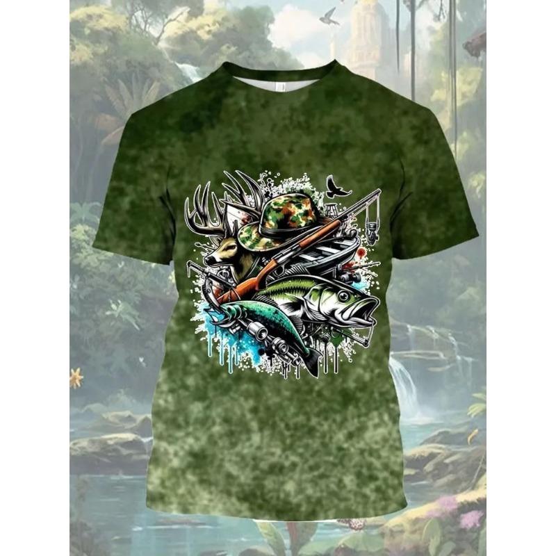 Summer Men's Fishing T-Shirts Short Sleeve 3d Fish Print Street T-Shirts Hip Hop Man Tees Loose Casual O-Neck Shirt