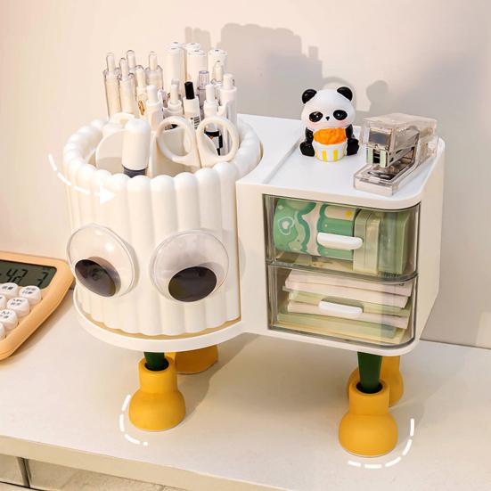 Cute Rotating Pen Holder with Drawer 2-in-1 Large Capacity Desktop Organizer for Kids Girls Multifunctional Storage And Sorting Box