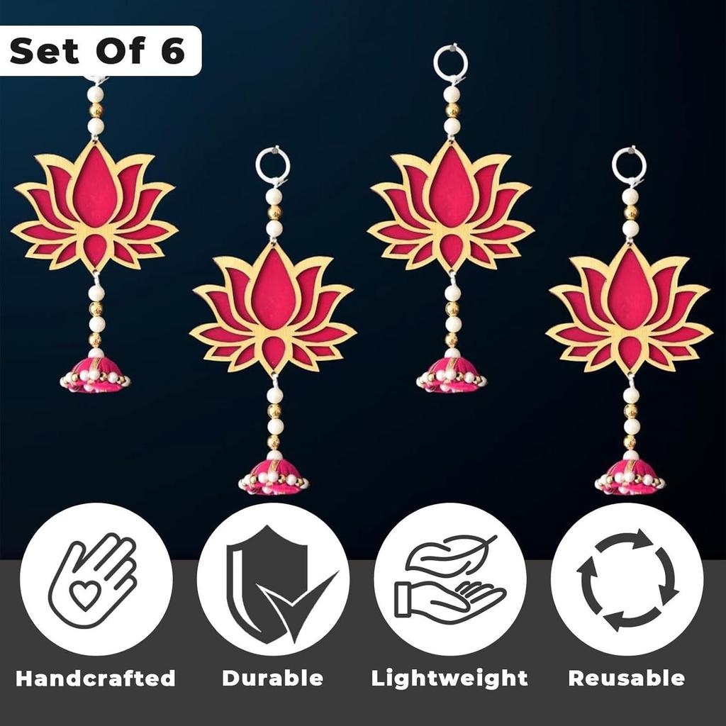 Lotus Wall Hanging with Jhumki - Set of 6 | Pink/Raani Artificial Flowers Bunch |