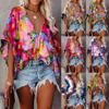 Women's Casual V-Neck Digital  Printing Shirt  Sleeves Blouse Loose Tops
