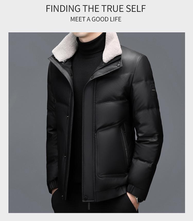 Men's Thickened Genuine Leather Down Jacket - Plus Size, Middle-Aged & Elderly, Winter Turn-Down Collar Outerwear, Loose Fit