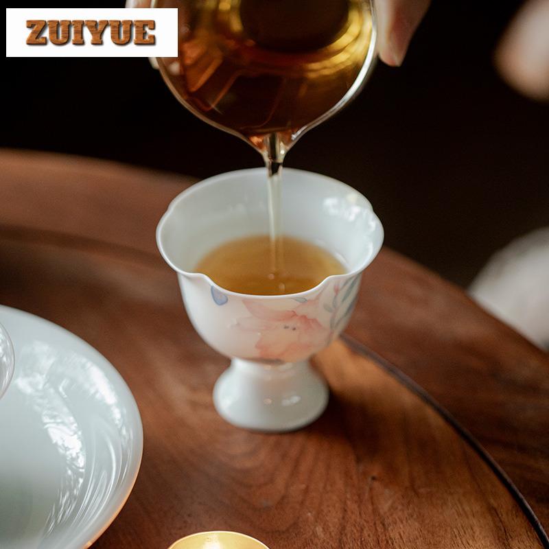 2pc/lot Japanese Hand Drawn Lily High Footed Teacup Ancient Flower Mouth Tea Bowl Cup For Tea Personal Cup Chazhan Tea Mug 75ml