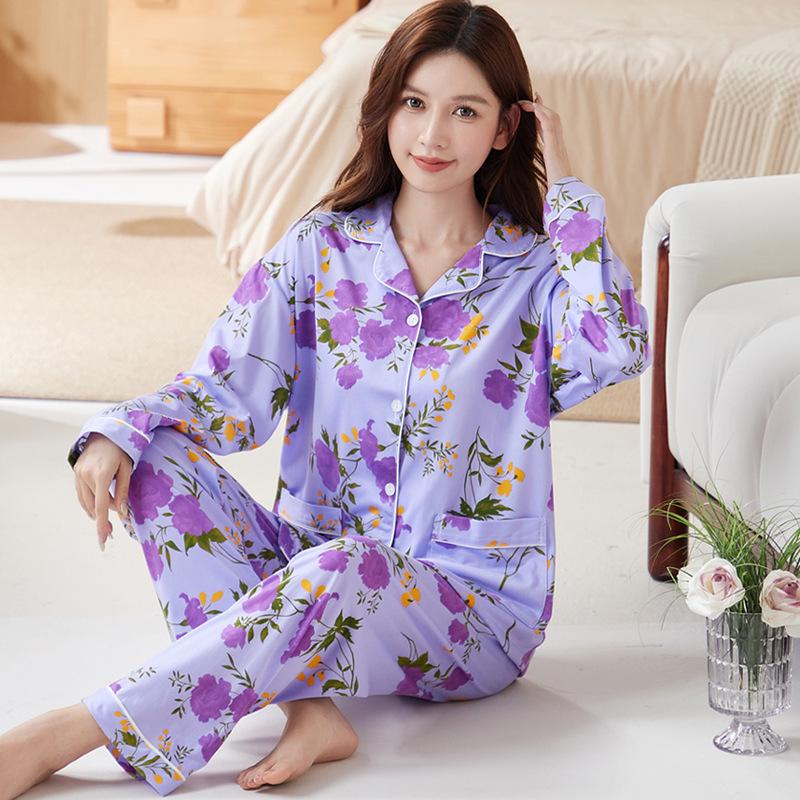 Plus Size Floral Pajama Set: Spring & Autumn, Long Sleeve, Comfortable Japanese Style for Middle-Aged Moms, Indoor/Outdoor Wear