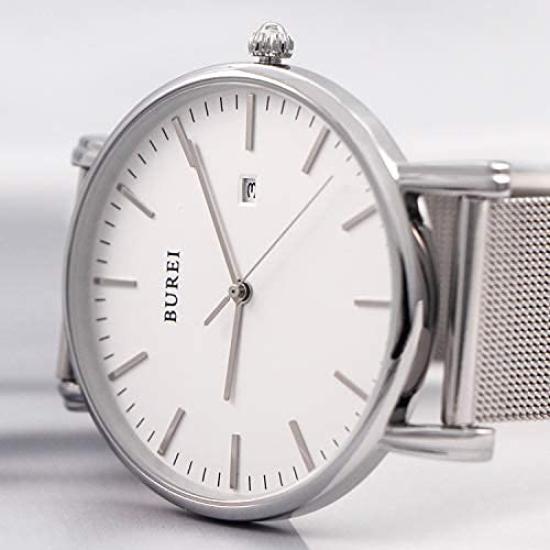 BUREI Analog Quartz Date Popular Simple and Stylish Business Watch with Milanese Mesh Watch Men's Watch, Waterproof, Display, Silver, Brand, Strap,