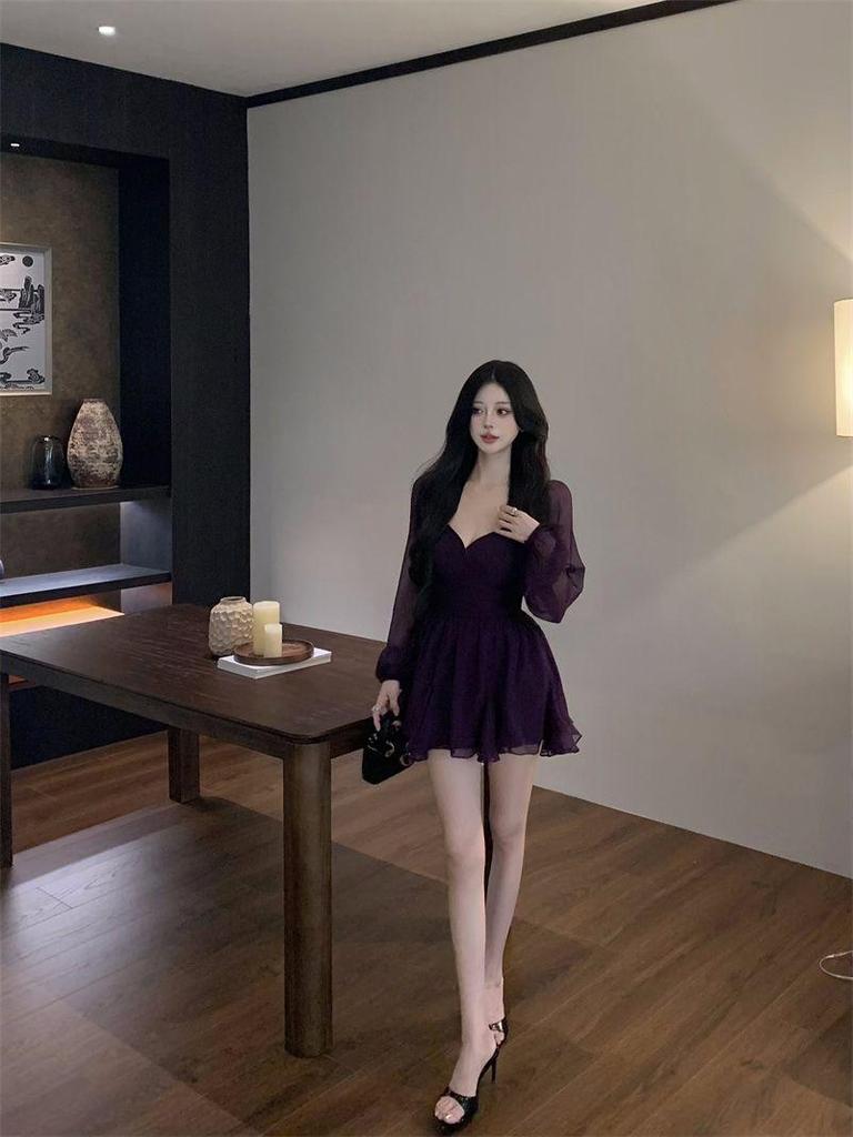 Purple V-Neck Mesh Slimming Dress for Women - Fall 2025 Collection