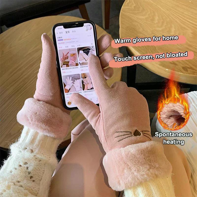 New Plush Winter Gloves Cute Cat Embroidery Full Finger Driving Mittens Women Touchable Screen Warm Touch Screen Gloves