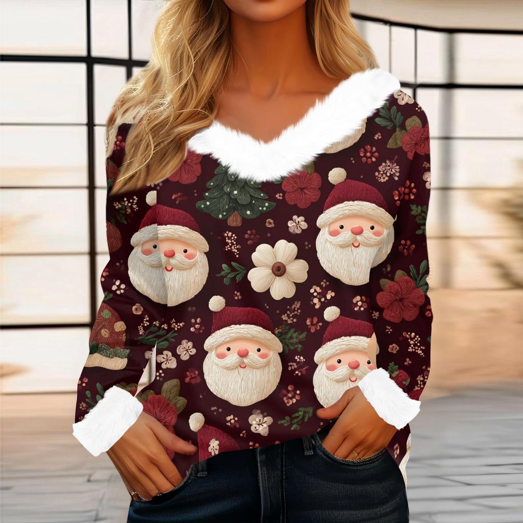 Women's Casual Fashion Long Sleeve Christmas Printed Flannel Collar Top