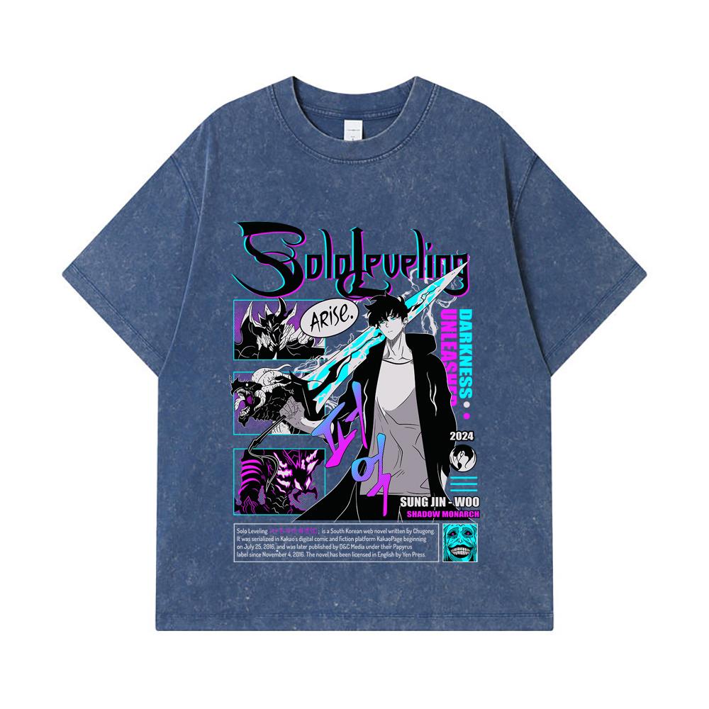 GSM Washed Tshirts Cotton Solo Leveling V Arise Print Unisex Heavy Cotton T Shirt