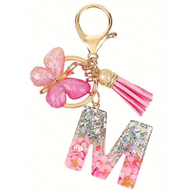 Personalized Bling Monogram Keychain for Women - Resin Letter Charm with Silvery Glitter, Pink Pebble & Gold Star Shaker - Birthday Gifts for Her