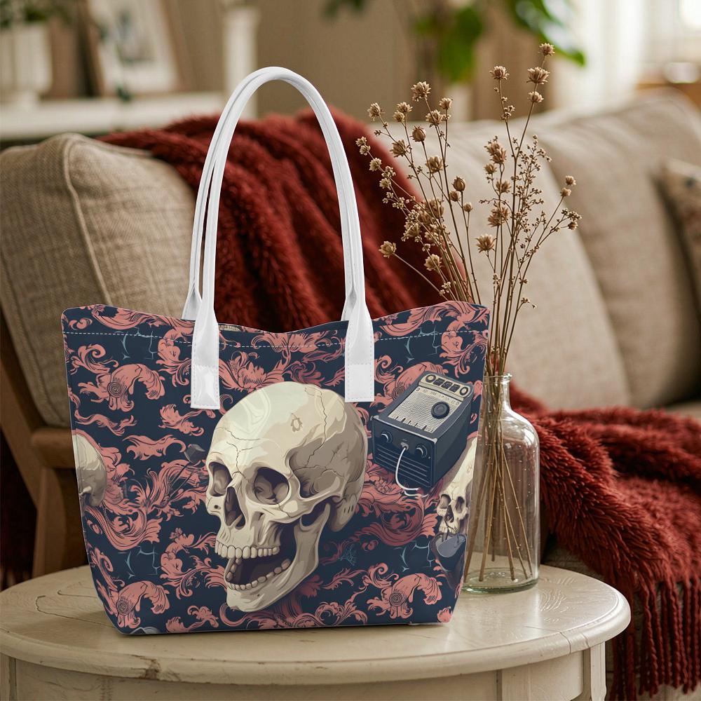 Gothic Skull Pattern Tote Bag Retro Design Daily Use Shoulder Bag Stylish Shopping Handbag