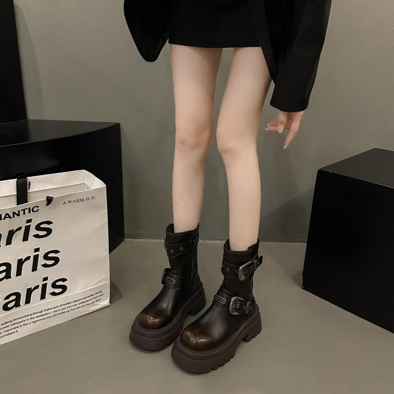 Fashion Women Ankle Boots 2025 Winter New Buckle Strappy Square Toe Mid Heels Chelsea Boots Leather Zippers Women Knight Boots