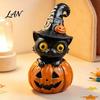 Spooky Tabletop Centerpieces Halloween Black Cat & Pumpkin Resin Ornaments, Cute Desktop Figurines, Office Desk Seasonal Ornaments Cartoon And Statue