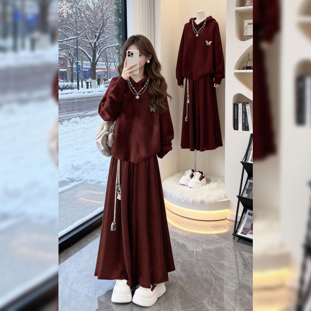 2026 Red Skirt & Hooded Knit Sweater High-Waisted Two-Piece Set