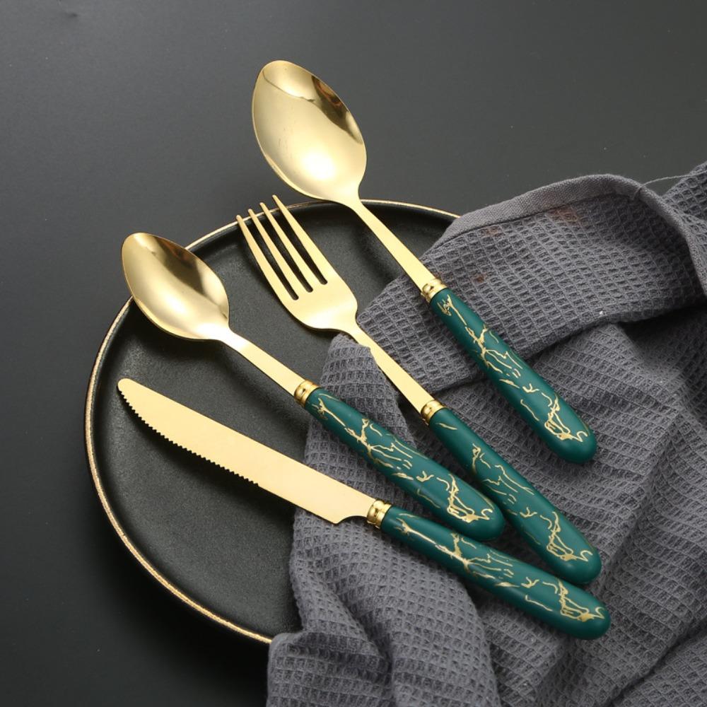 24pcs Stainless Steel Marbled Tableware Set Nordic Style Dessert Dinnerware Suit  Restaurant