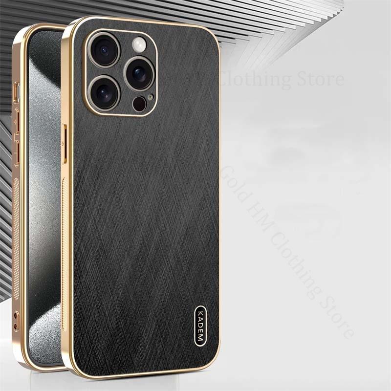Coque de téléphone à texture cuir soie plaqué or 6D pour iPhone 16e SE 4 Housse robuste électroplaquée pour Apple 16 15 Pro Max 13 14 Pro