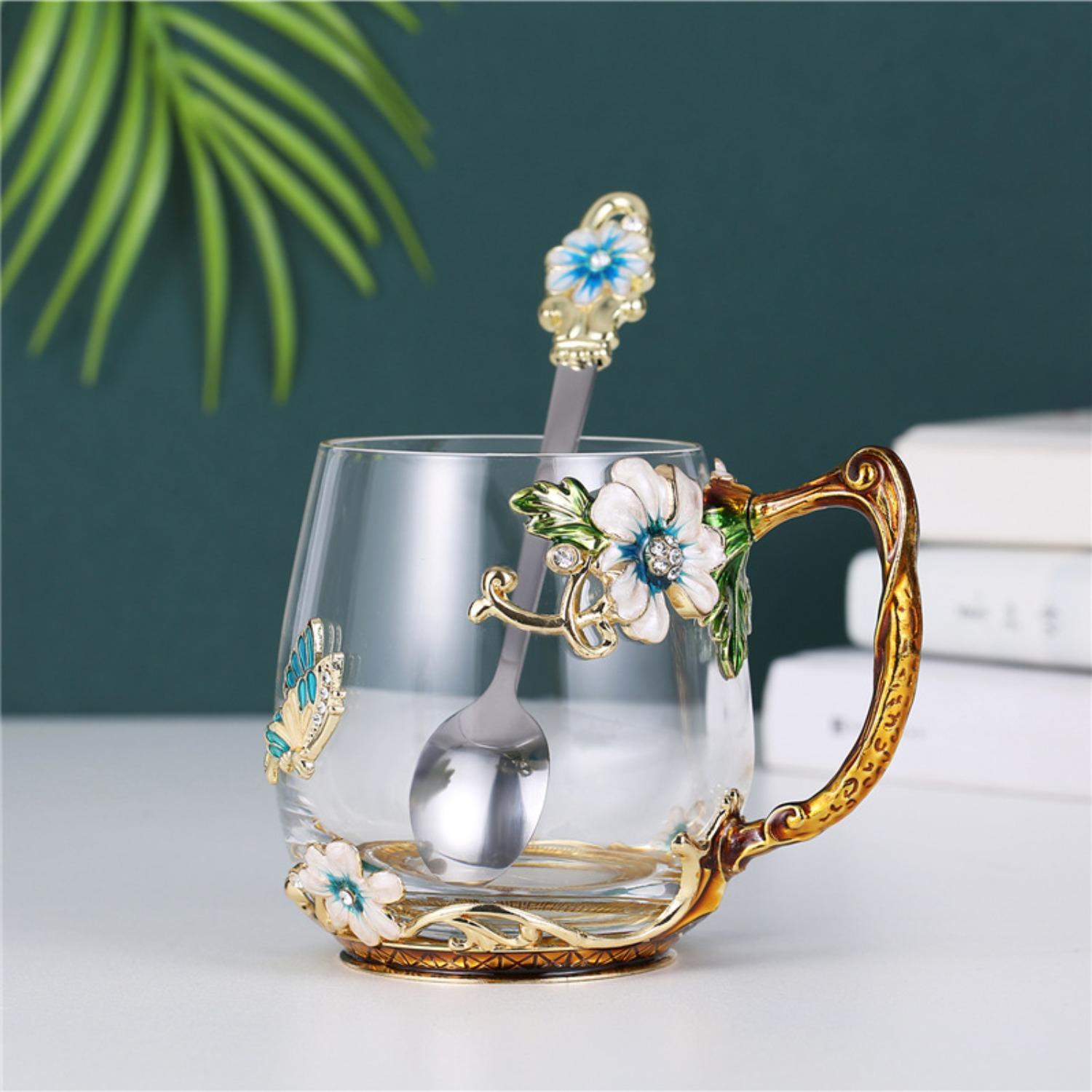 Luka Tech Enamel flower Lead-free Glass Coffee Mugs Tea Cup with Steel Spoon, Best Birthday Gifts For Women Wife Mom Friends Mothers 330ML