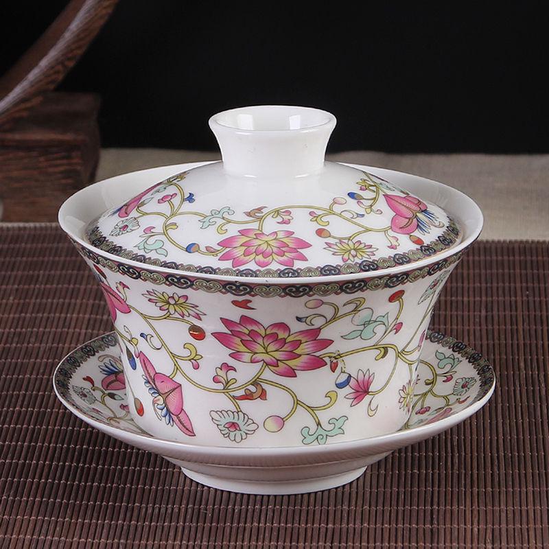 Extra Large Jingdezhen San Cai Gaiwan Ceramic Tea Set for Gongfu Eight Treasures Brewing, Ideal for Office and Home Use.