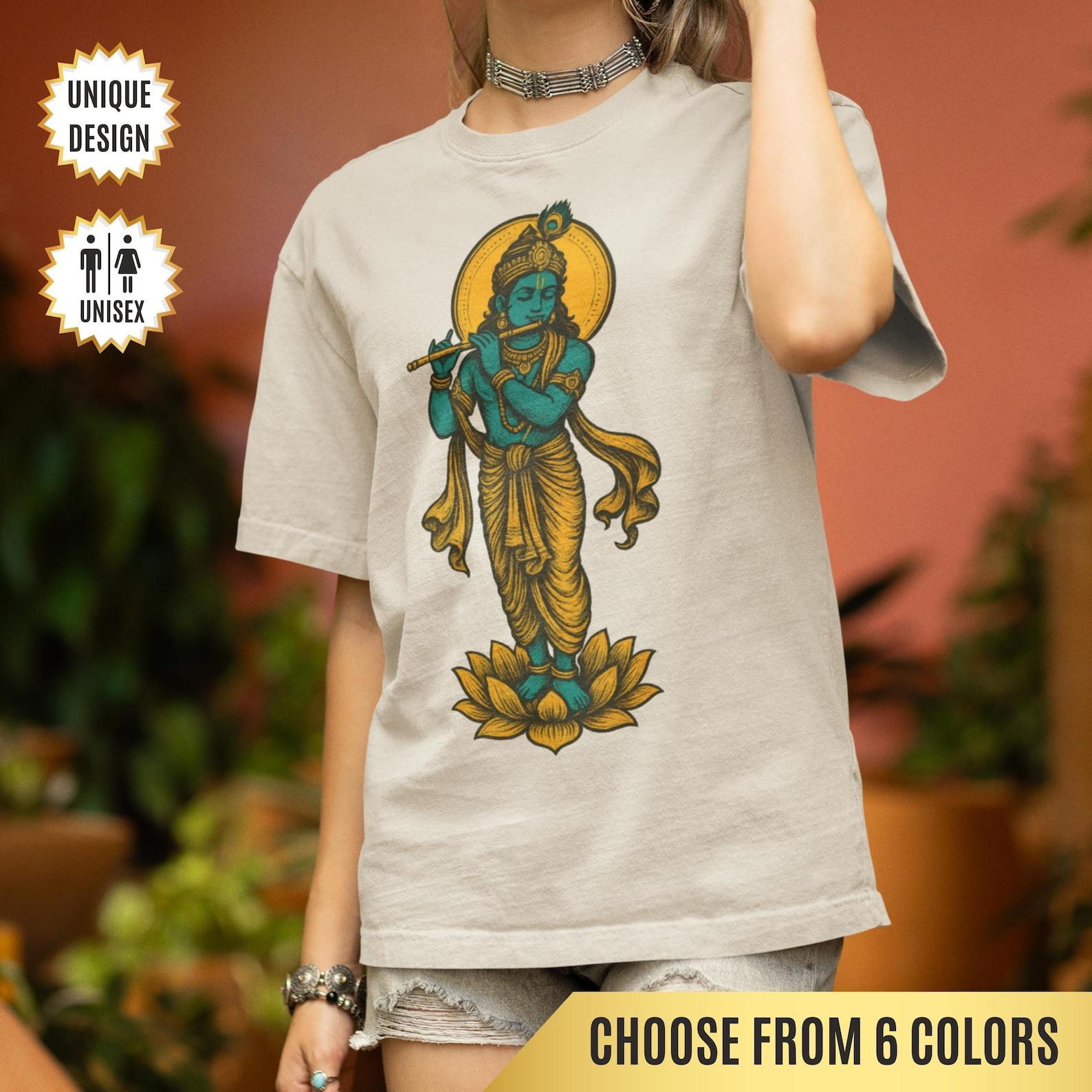 Krishna T-Shirt Spiritual Gift, Divine Hindu God Playing Flute on Lotus, Spiritual Indian Art Tee, Yoga Shirt, Meditation Tee, Boho Tee L