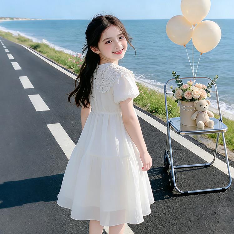 Girls' Summer White Lace Doll Neck Bubble Sleeve Mesh Dress