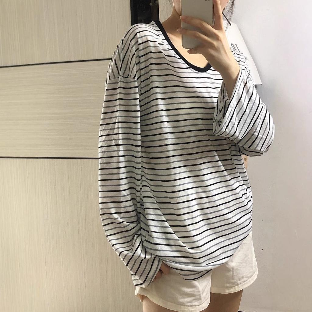 Spring and Autumn New Yarn Snowflake Stripe Korean Slack Lazy Stripe Sunscreen T-Shirt Women's Long Sleeve Air Conditioning Blouse
