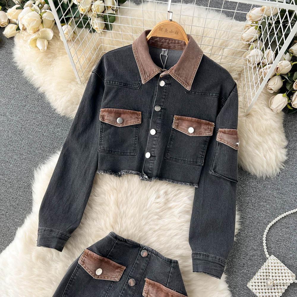 Contrast Color Two-Piece Suit Women's Autumn Denim Short Coat High Waist Bag Hip Skirt