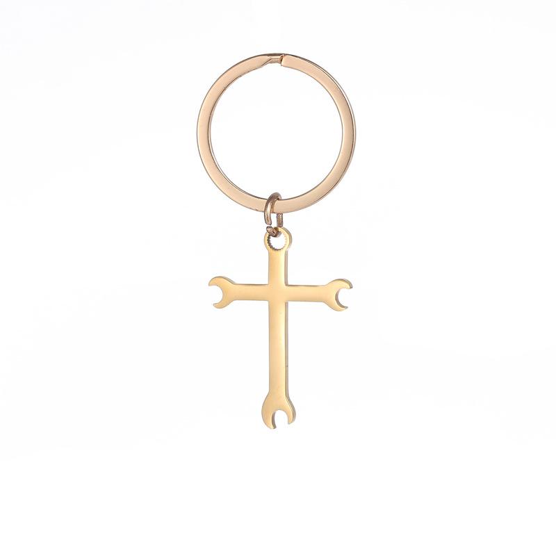 Punk Wrench Cross Stainless Steel Keychain Vintage Tool Design Fashion Pendant Practical Gift for Boyfriend Dad