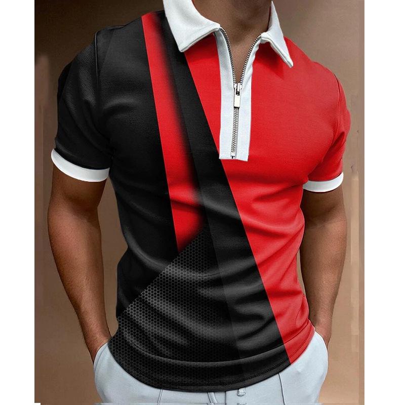 Trendy Short Sleeve Polo, Zipper, Geometric Print for Casual