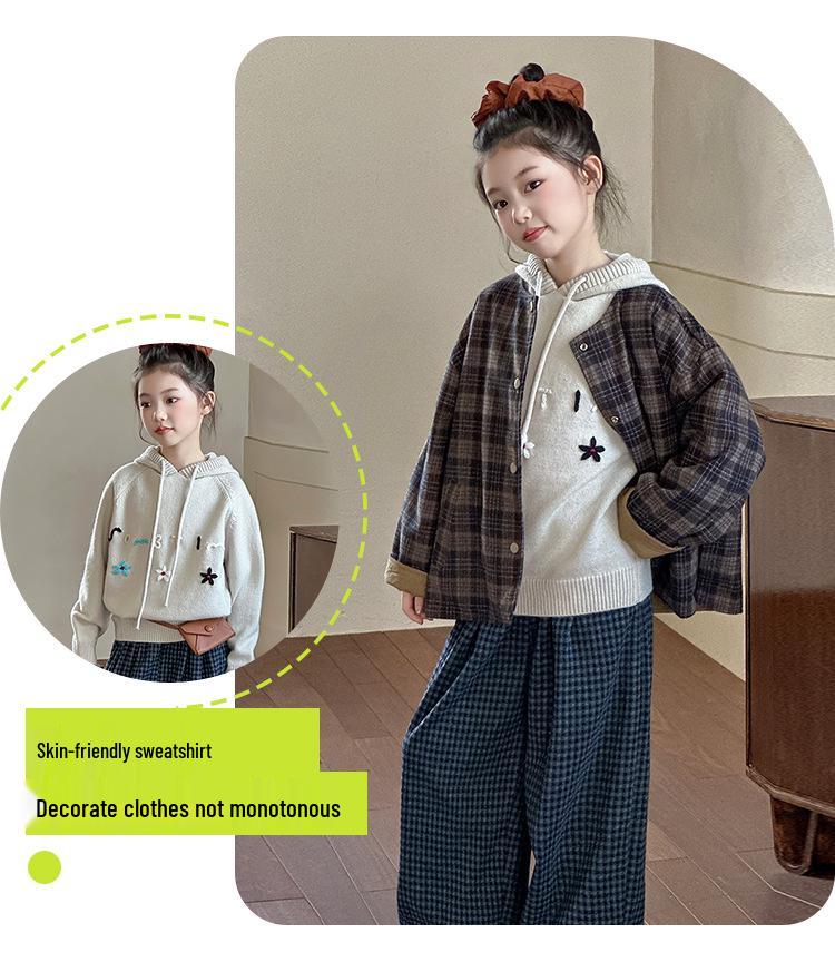 Girls' Fashion Plaid Sweater and Pants Set for Spring and Autumn 2025