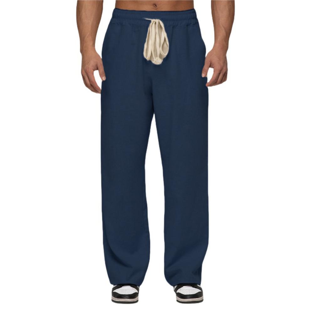 Mens Casual Cotton Linen Pants Elastic Waist Drawstring Summer Beach Pants Lightweight Loose Fit Yoga Trousers