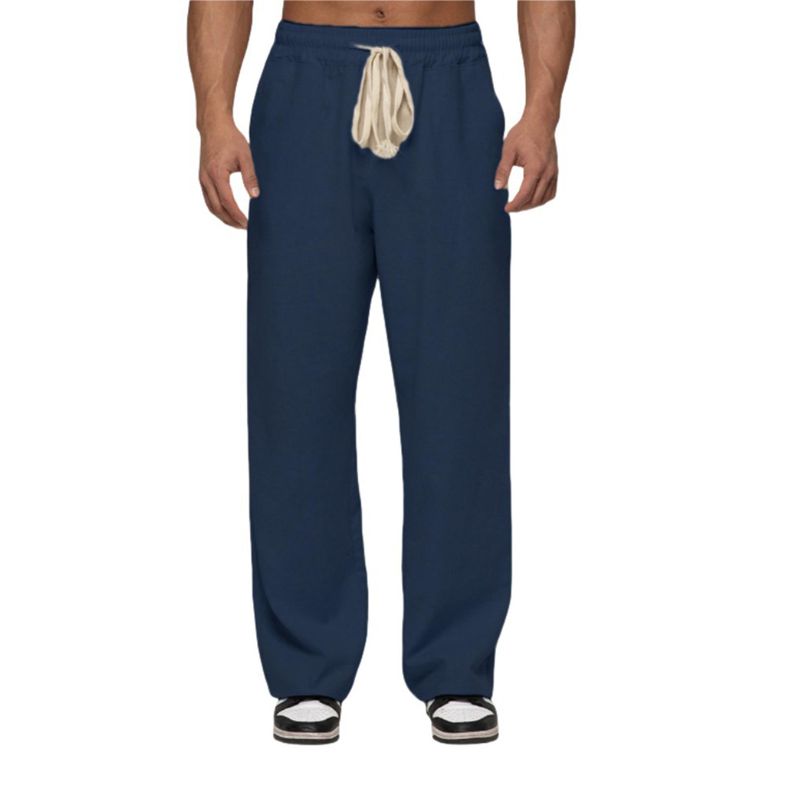 

Мужские повседневные хлопково-льняные брюки, эластичный пояс на кулиске, летние пляжные брюки, легкие, свободного кроя, брюки для йоги XL тёмно-синий