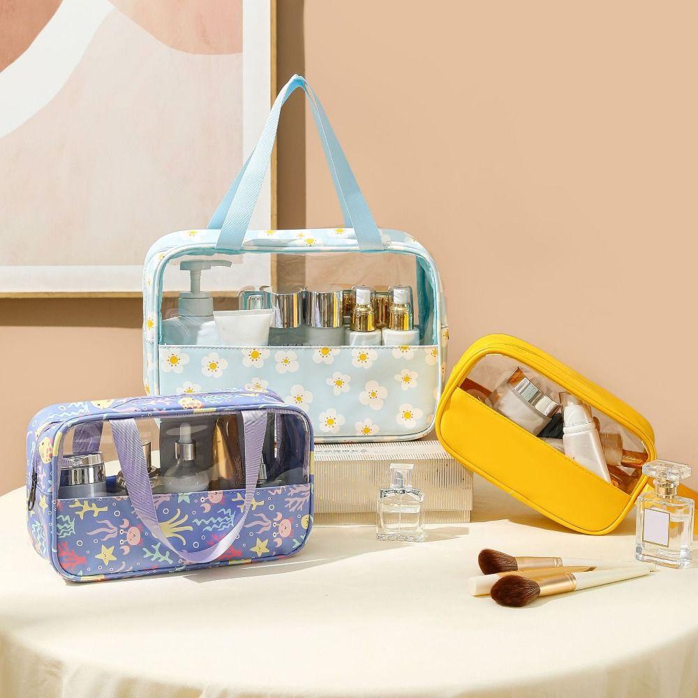 

Zipper Flower Cosmetic Bag Clear PU Leather Makeup Bag Transparent Travel Wash Bag Female/Girls