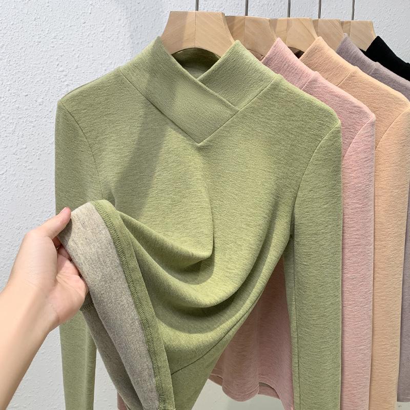 

Футболка с полувысоким воротником, женская одежда, начес, теплая внутренняя часть из немецкого бархата 2XL зелёный