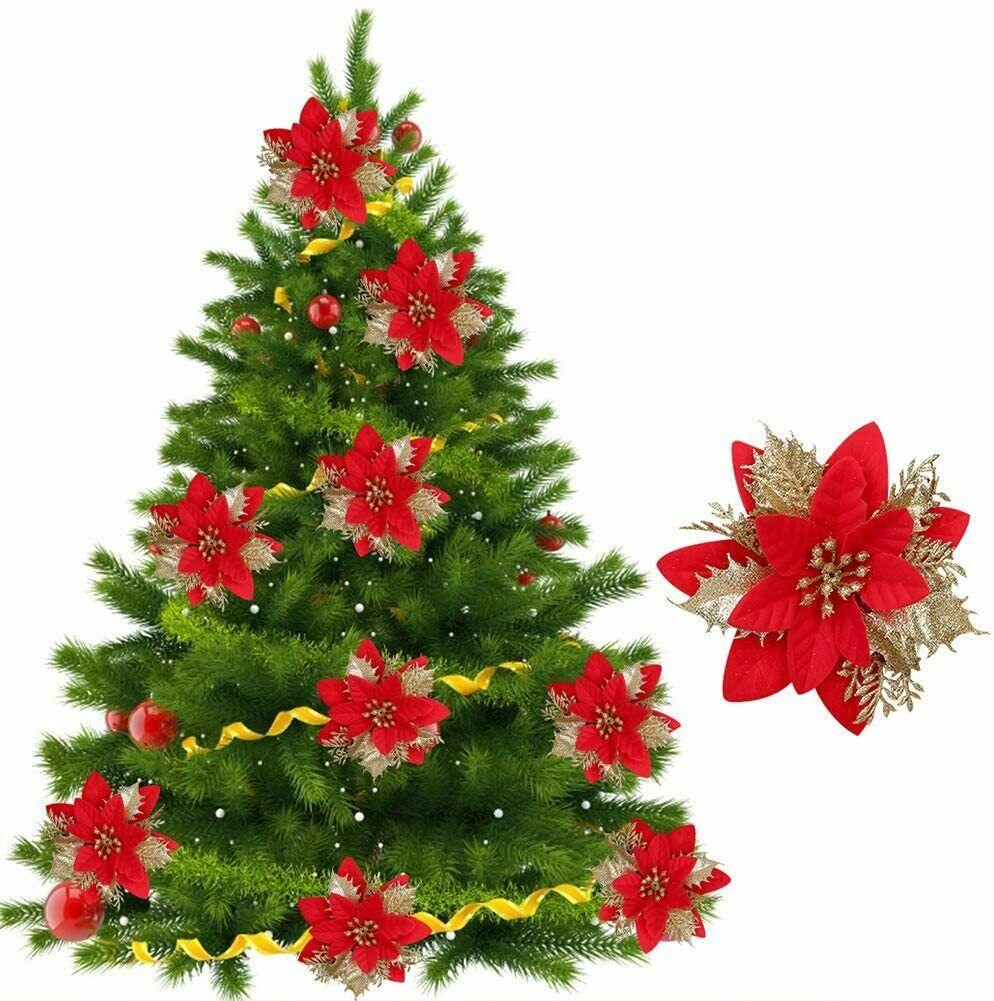 Poinsettia Ornament Festive Color Christmas Party Decor Large Ornament Tree Hanging Design Glitter Decoration For Holiday Party