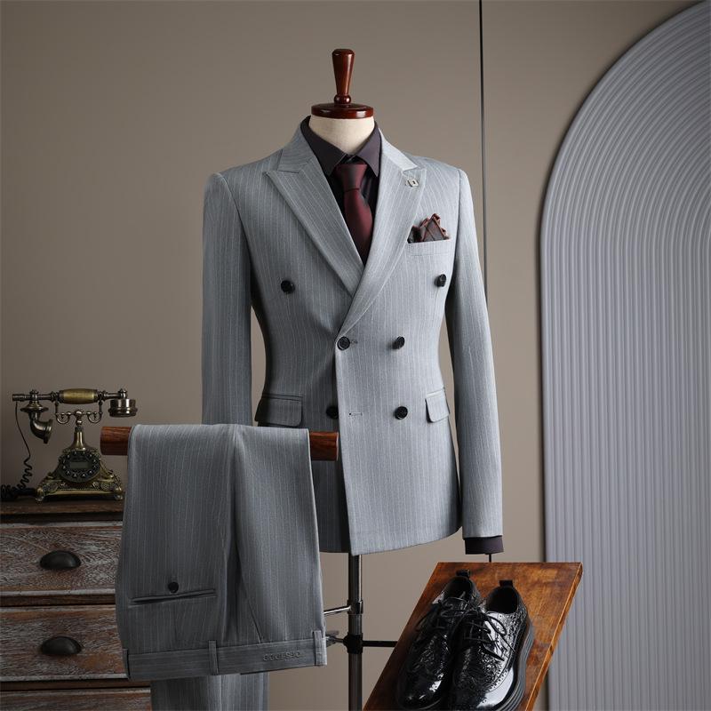 Apricot White Striped Double-Breasted Slim-Fit Suit Set for Casual, Groom, or Formal Business Attire.