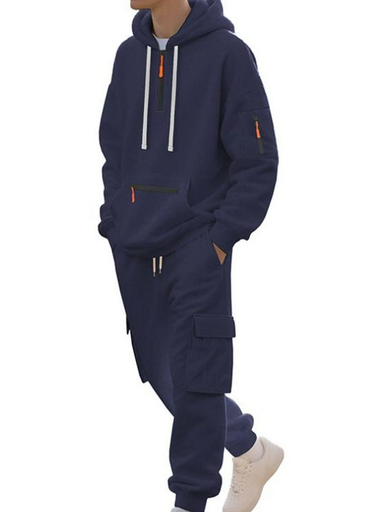 Men's 2025 Autumn/Winter Casual Multi-Pocket Half-Zip Hoodie and Sweatpants Set
