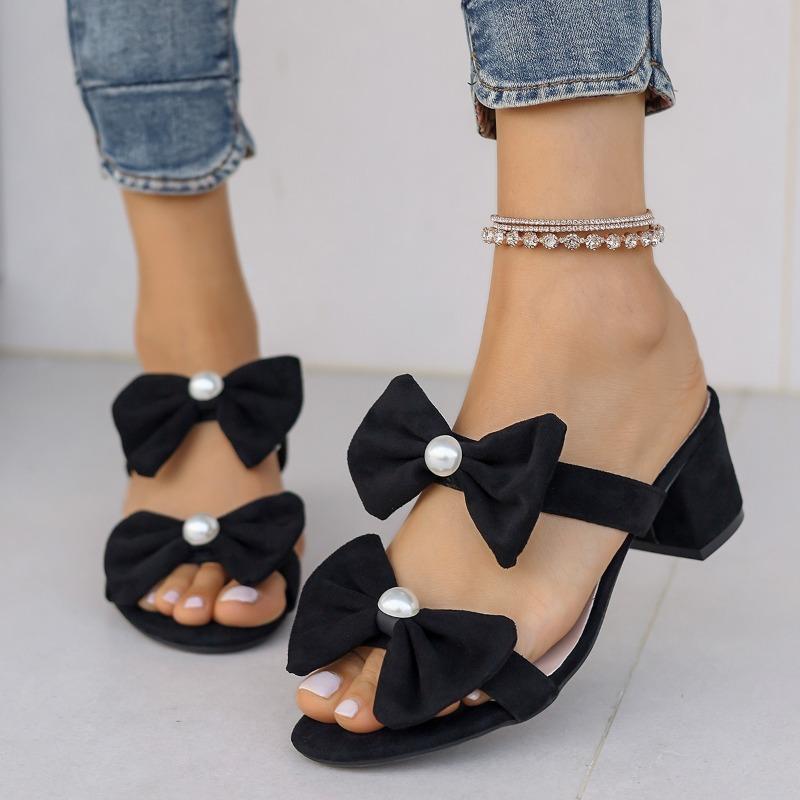 Women’s Pearl Bow Hollow-Out Pointed Mid-Heel Slide Sandals Fashion Shoes