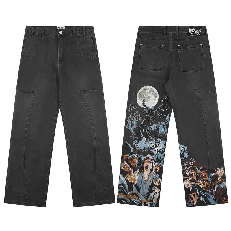 Vescartes Gefallener Engel Bestickte Jeans Locker Gerades Bein Vintage Hose Herren Damen
