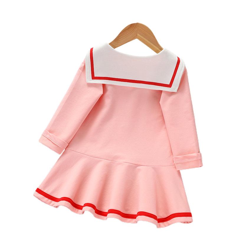 Stylish Long-Sleeved Spring/Autumn Academy Dress & Summer Pleated Short-Sleeved Navy Princess Skirt for Girls
