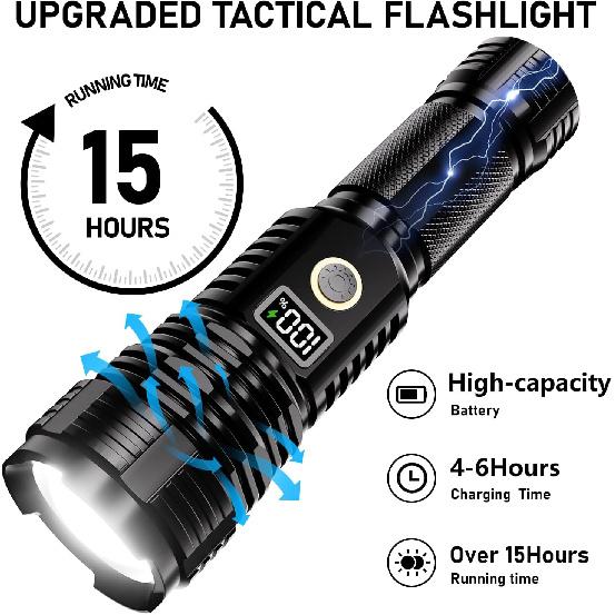 Flashlights High Lumens Rechargeable, LED Super Bright Flash Light Long Beam, Zoomable Linternas with LCD Digital Display, 5 Mode, Waterproof,
