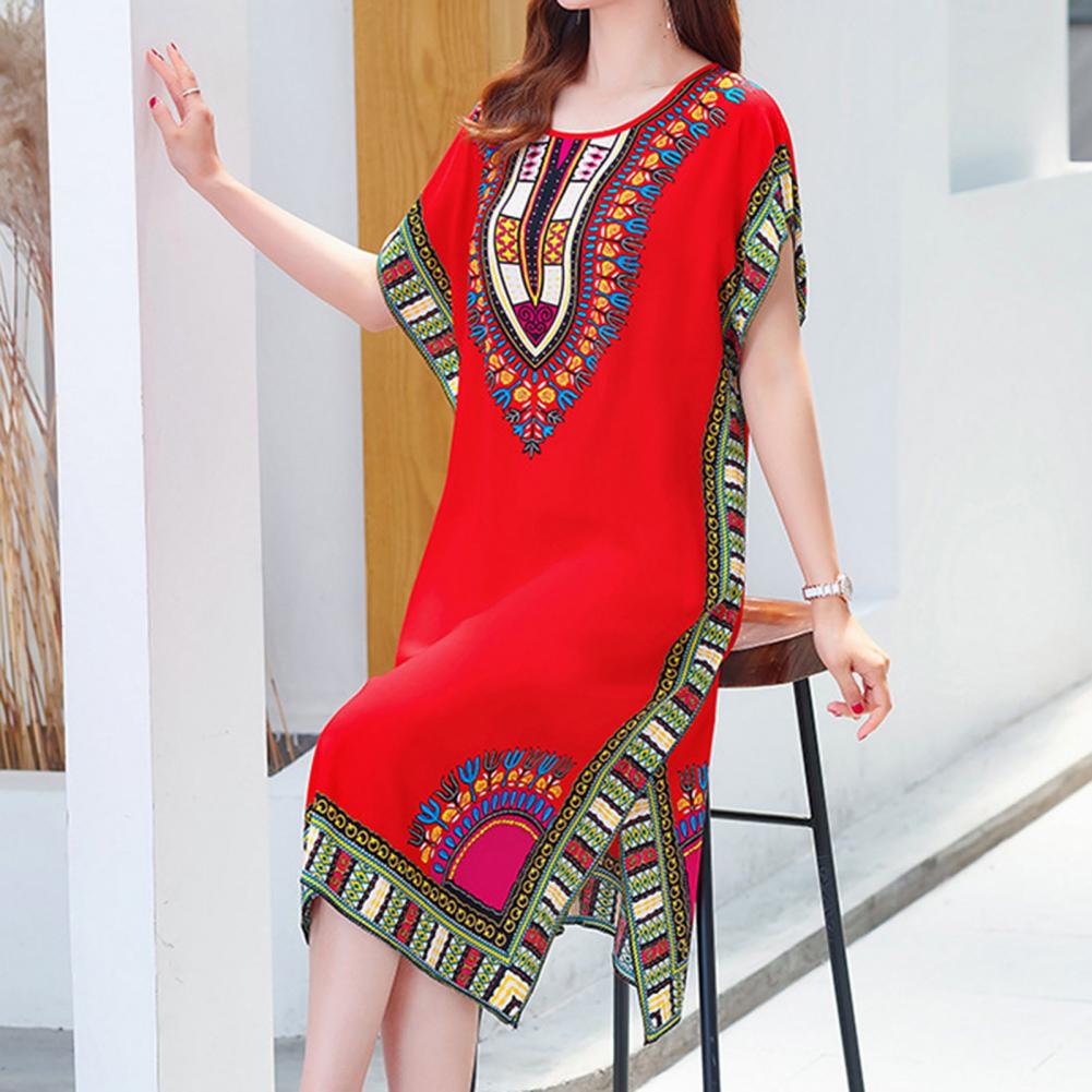 Sommer Ethnischer Stil Damenkleid Rundhalsausschnitt Druck Kontrastfarbe Geometrischer Druck Pullover Locker Kurze Ärmel Midi-Kleid