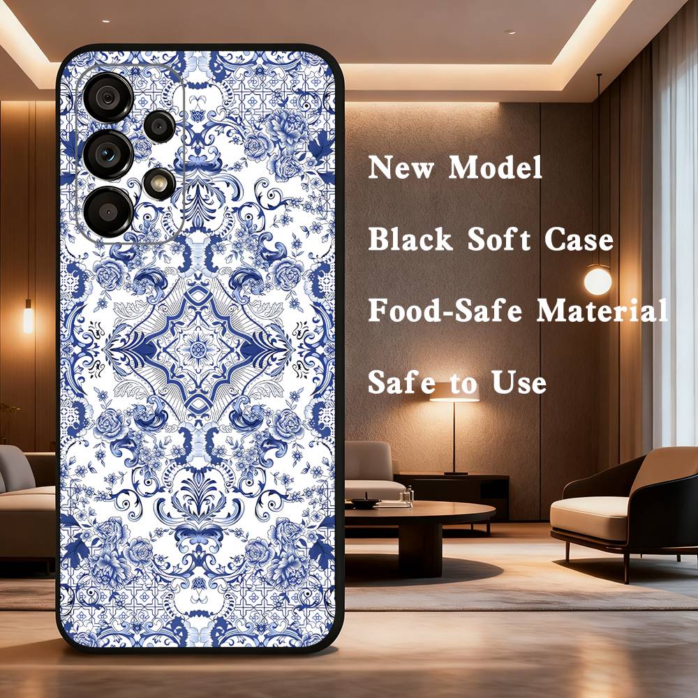blue and white porcelain Phone Case For Samsung Galaxy A73,31,32,72,41,53,52,71,22,5G,Note,J7,8,9 Soft Black Cover