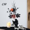 Matte Black Maple Leaves Branch Halloween Artificial Stem, Glitter Fake Twig with Pumpkin, Eyeball, Multi-branch Bouquet for Party, Indoor Table