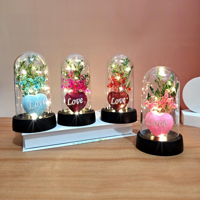 1 Piece Valentine's Day Gift Gypsophila Love Heart Flower Bouquet With Lamp Night Light Acrylic Cover Home Decoration Crafts