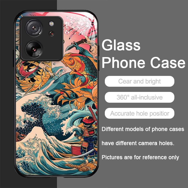 Tempered Glass Phone Case for Motorola Moto G85 G84 G75 G55 Edge 50 Fusion 40 Neo 30 Pro Japanese Ancient Structure Waves Cover