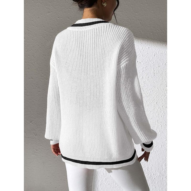 TIFICY Women's Fashion Casual Fall Winter Colour Block Print Long Sleeve V-Neck Sweaters