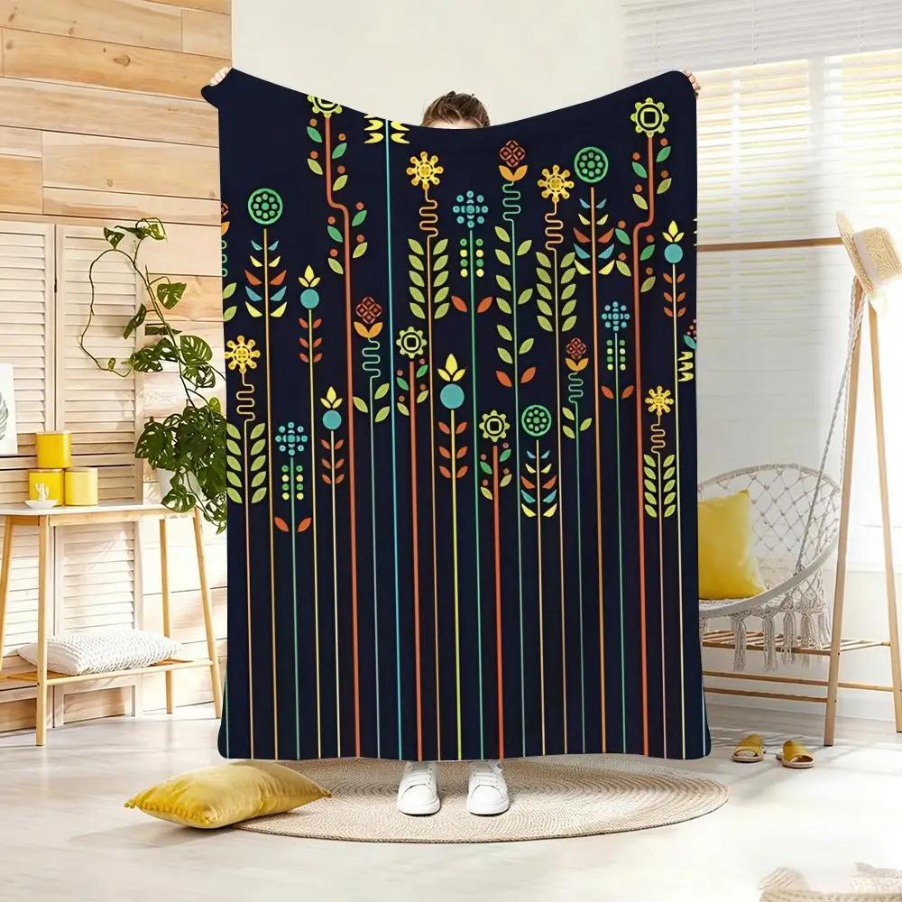 Vintage Boho flowers art Throw Lightweight Flannel Blanket Soft Skin-friendly for Summer Cooling